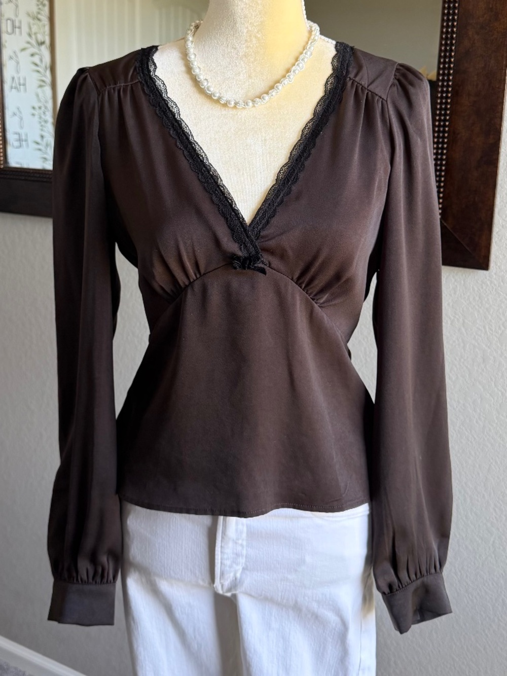 WAYF Women's Faux Silk and Lace Long Sleeve Blouse Top  Balletcore Feminine Sz S